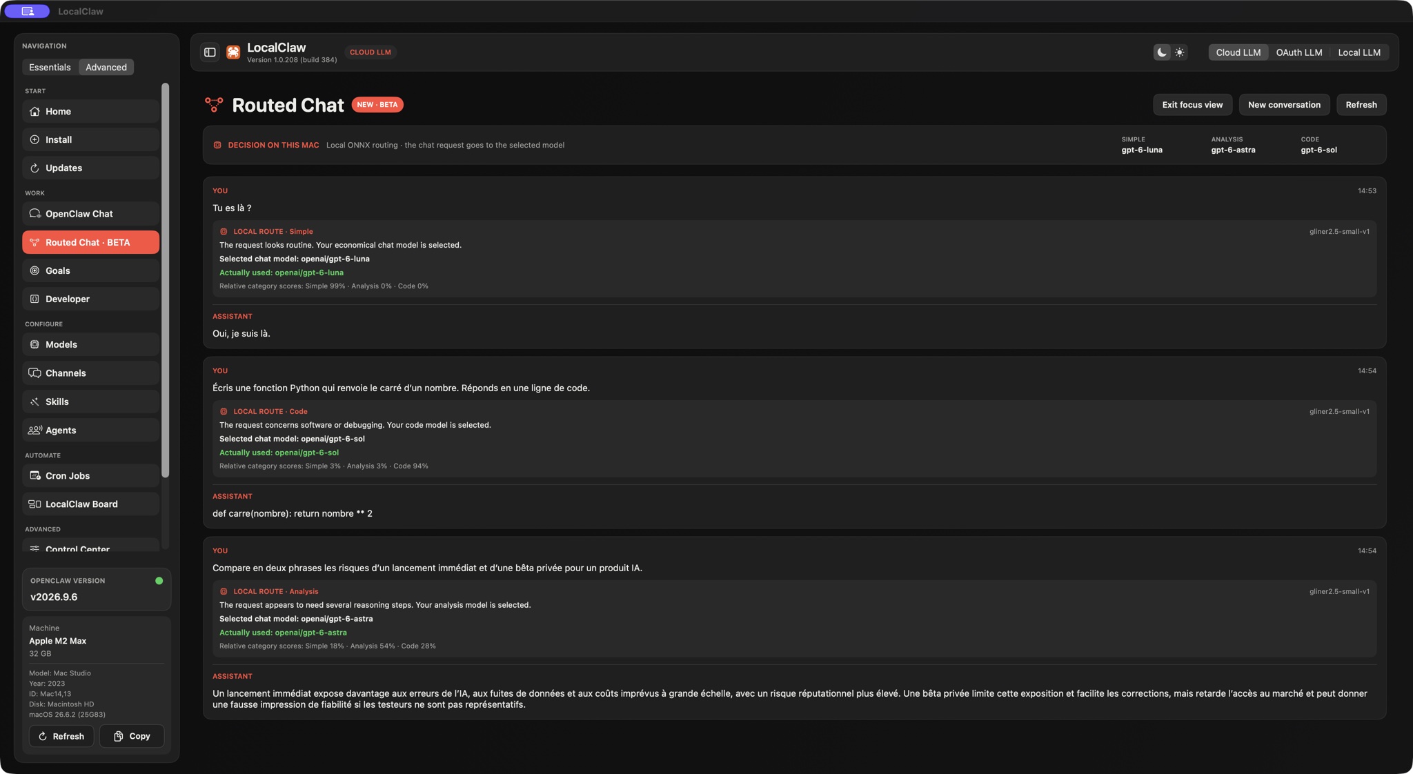 LocalClaw Routed Chat showing Simple, Code and Analysis requests routed locally to different GPT-6 models